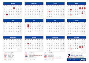 Printable calendar 2026, landscape, with the public holidays of australian capital territory