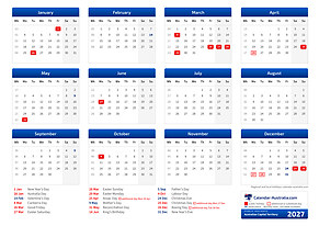 Printable calendar 2027, landscape, with the public holidays of australian capital territory