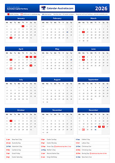 Printable calendar 2026, portrait, with the public holidays of australian capital territory