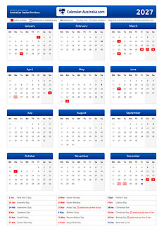 Printable calendar 2027, portrait, with the public holidays of australian capital territory