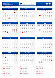 Printable calendar 2028, portrait, with the public holidays of australian capital territory