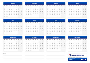 Printable calendar 2028, landscape, without holidays
